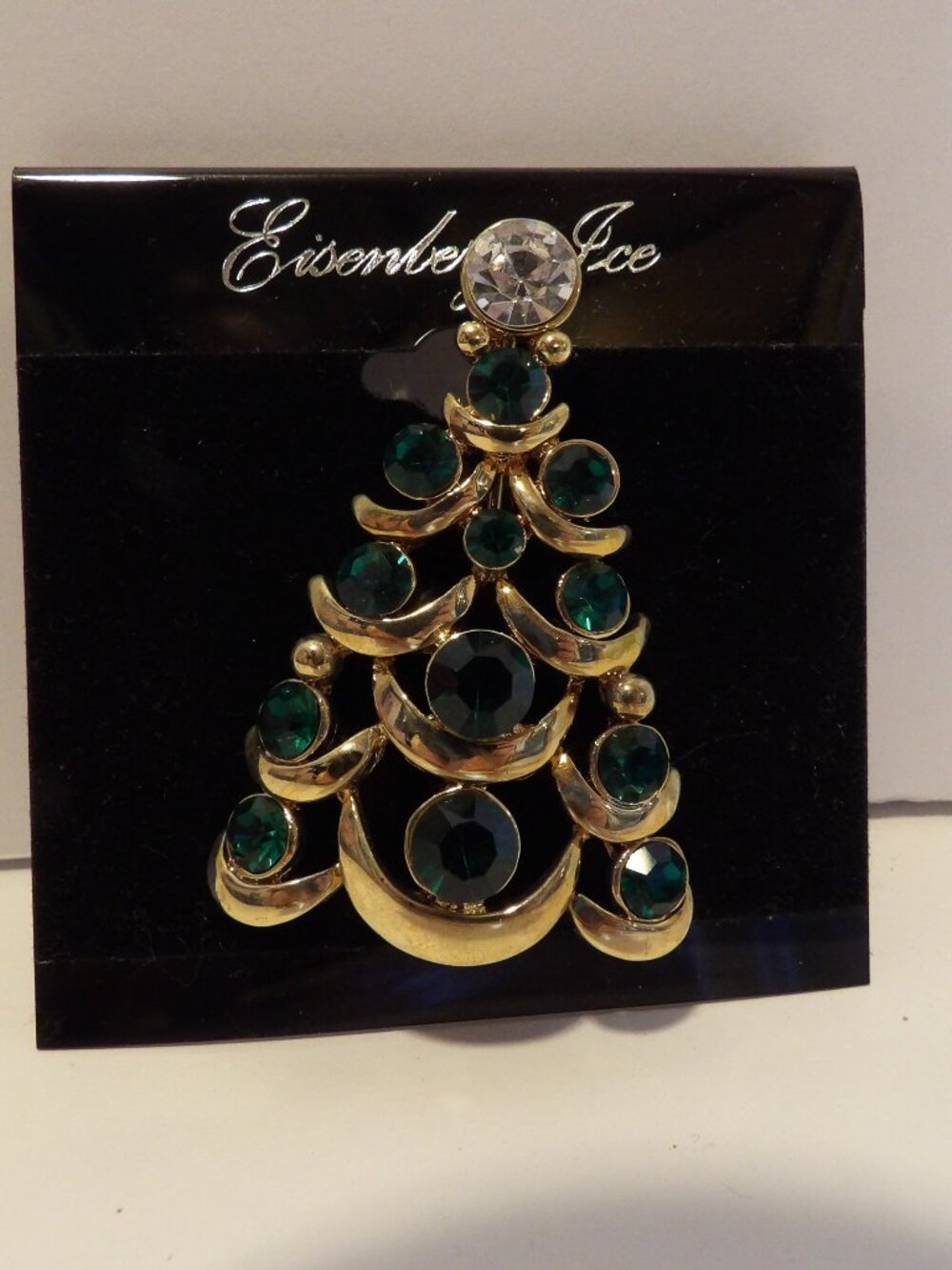 +EISENBERG ICE gold tone green rhinestone 2" Christmas tree pin/brooch